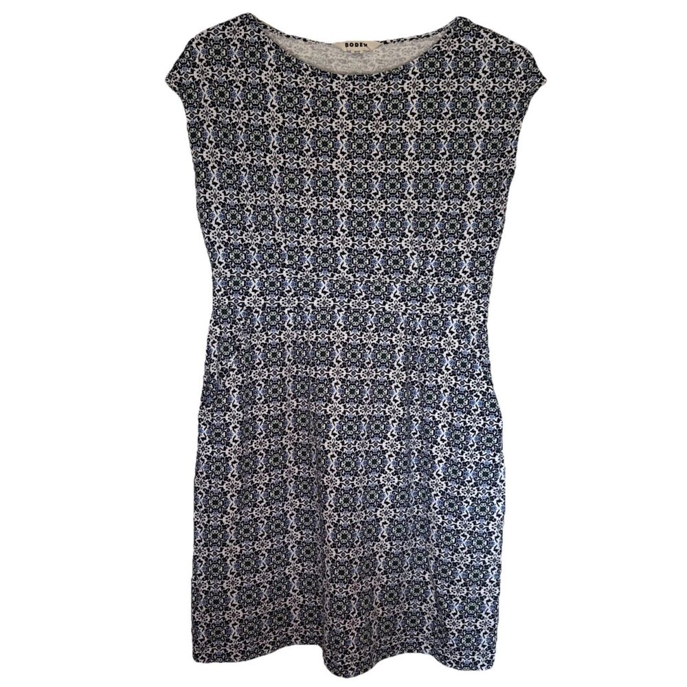 Boden Florrie Jersey Office Dress Womens 10P White Blue Geometric Classic